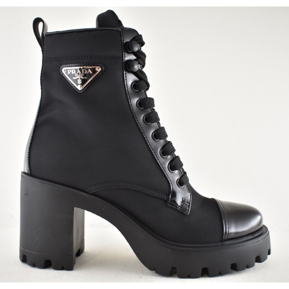 Prada 55MM Logo Lug Sole Platform Black Re-Nylon Leather Ankle Heel Boot 37.5 - Picture 2 of 15